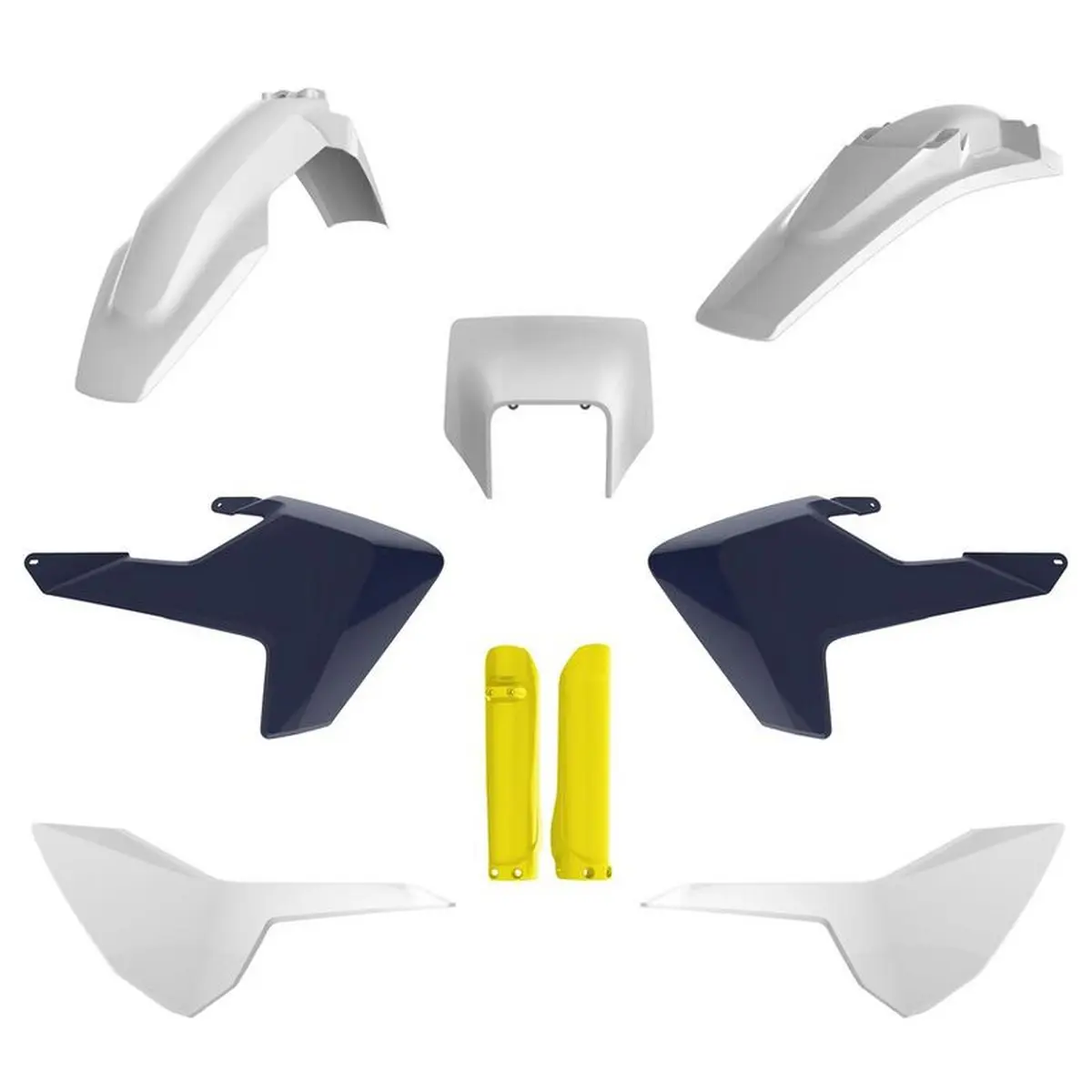 POLISPORT kompletní sada plastů (FULL KIT) HUSQVARNA TE/FE TPI 17-19 v sadě tabulka přední (8666900001) i kryty tlumičů (8398900004) barva bílo modrá