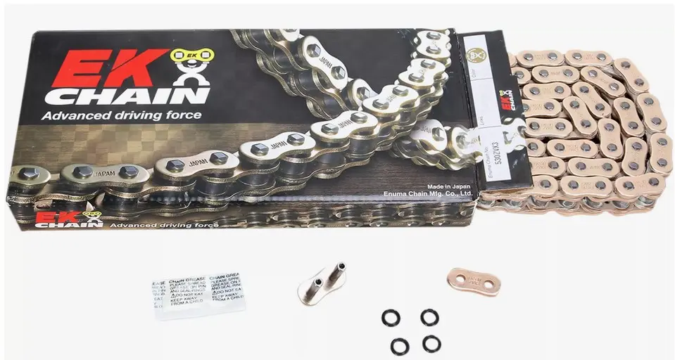 EK hnací řetěz ZVX3 ULTRA sport NX-RING 525ZVX3 120 článků barva zlatá (DO 1300ccm) vyrobeno v Japonsku nýtovací spojka (EK hnací řetěz ZVX3 ULTRA)