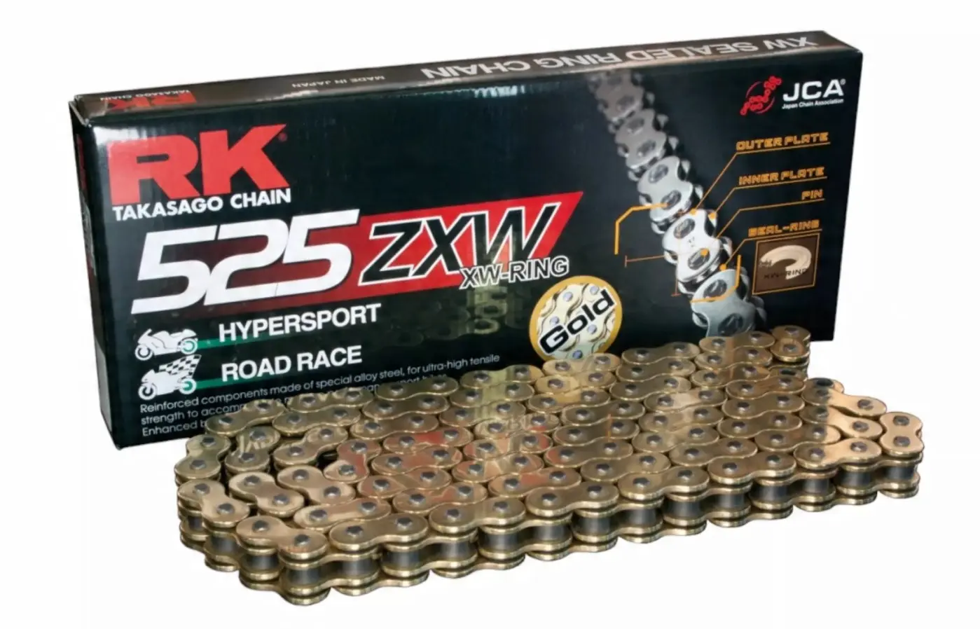 RK hnací řetěz 525ZXW-114 (XW-RING) nýtovací spojka (CLF) v sadě barva zlatá (objem: do 1300 ccm) (RK hnací řetěz 525ZXW-114 (XW-RING) nýtovací)