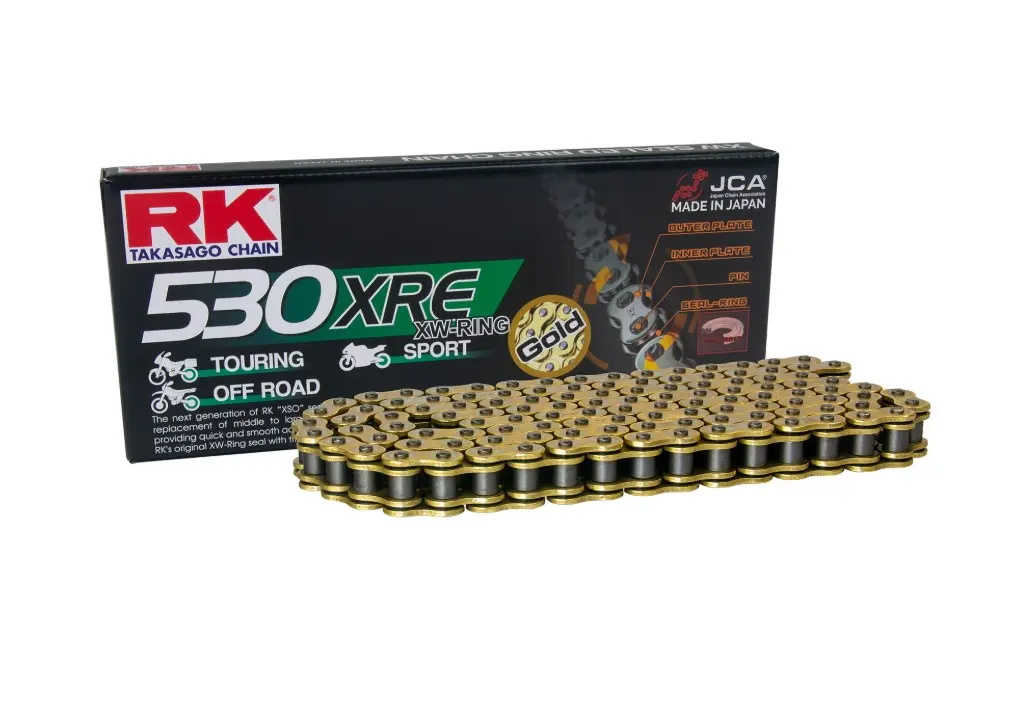 RK hnací řetěz GB530XRE-112 (XW-RING) nýtovací spojka (CLF) v sadě barva zlatá (objem: do 1400 ccm) (RK hnací řetěz GB530XRE-112 (XW-RING) nýtovací)