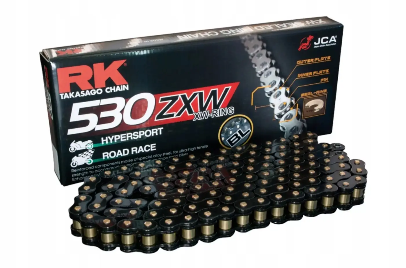 RK hnací řetěz BL530ZXW-118 (XW-RING) nýtovací spojka (CLF) v sadě barva černá (objem: do 1400 ccm) (RK hnací řetěz BL530ZXW-118 (XW-RING) nýtovací)
