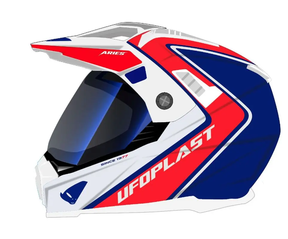 UFO přilba ARIES OFFROAD / DUAL / TOURER / CROSSOVER se štítem, kšiltem a sluneční clonou barva bílá/červená/modrá velikost S (ECE 22R06) (UFO přilba)