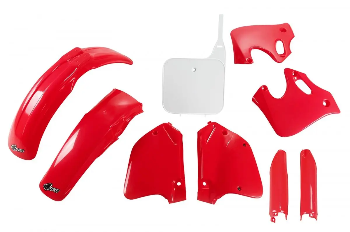 UFO kompletní sada plastů (FULL KIT) s kryty tlumičů HONDA CR 125 93-94, CR 250 92-94 barva OEM (červená/bílá) (HO096E999) (UFO kompletní sada plastů)