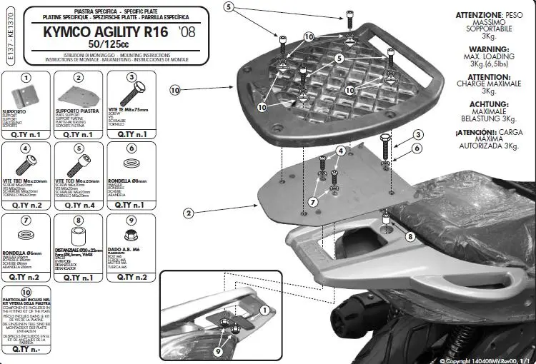 KAPPA zadní nosič kufru KYMCO AGILITY 50/125/150/200 R16 (08-13) ( bez plotny ) (KAPPA zadní nosič kufru KYMCO AGILITY 50/125/150/200 R16 (08-13) ()