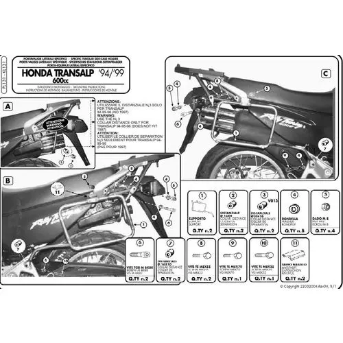 KAPPA boční nosič kufru MONOKEY HONDA XL 600V TRANSALP 94-99 - také pod kufry MONOKEY KMS K'MISSION ALU (KAPPA boční nosič kufru MONOKEY HONDA XL)