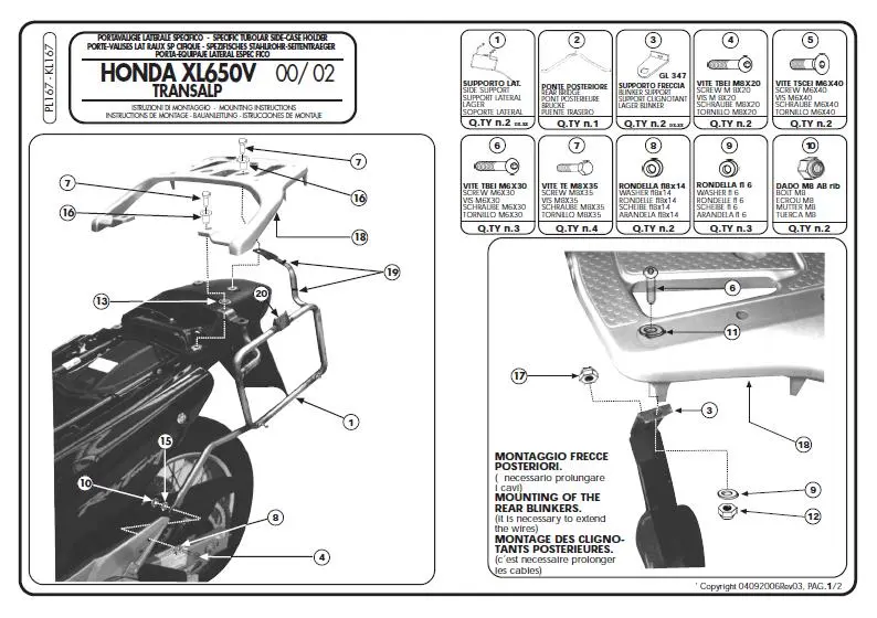 KAPPA boční nosič kufru MONOKEY HONDA XL 650V TRANSALP (00-07) - také pod kufry MONOKEY KMS K'MISSION ALU (KAPPA boční nosič kufru MONOKEY HONDA XL)