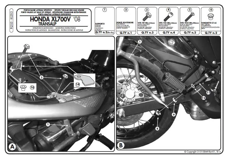 KAPPA boční nosič kufru MONOKEY HONDA XL 700V TRANSALP (08-13) - také pod kufry MONOKEY K'MISSION ALU (KAPPA boční nosič kufru MONOKEY HONDA XL 700V)
