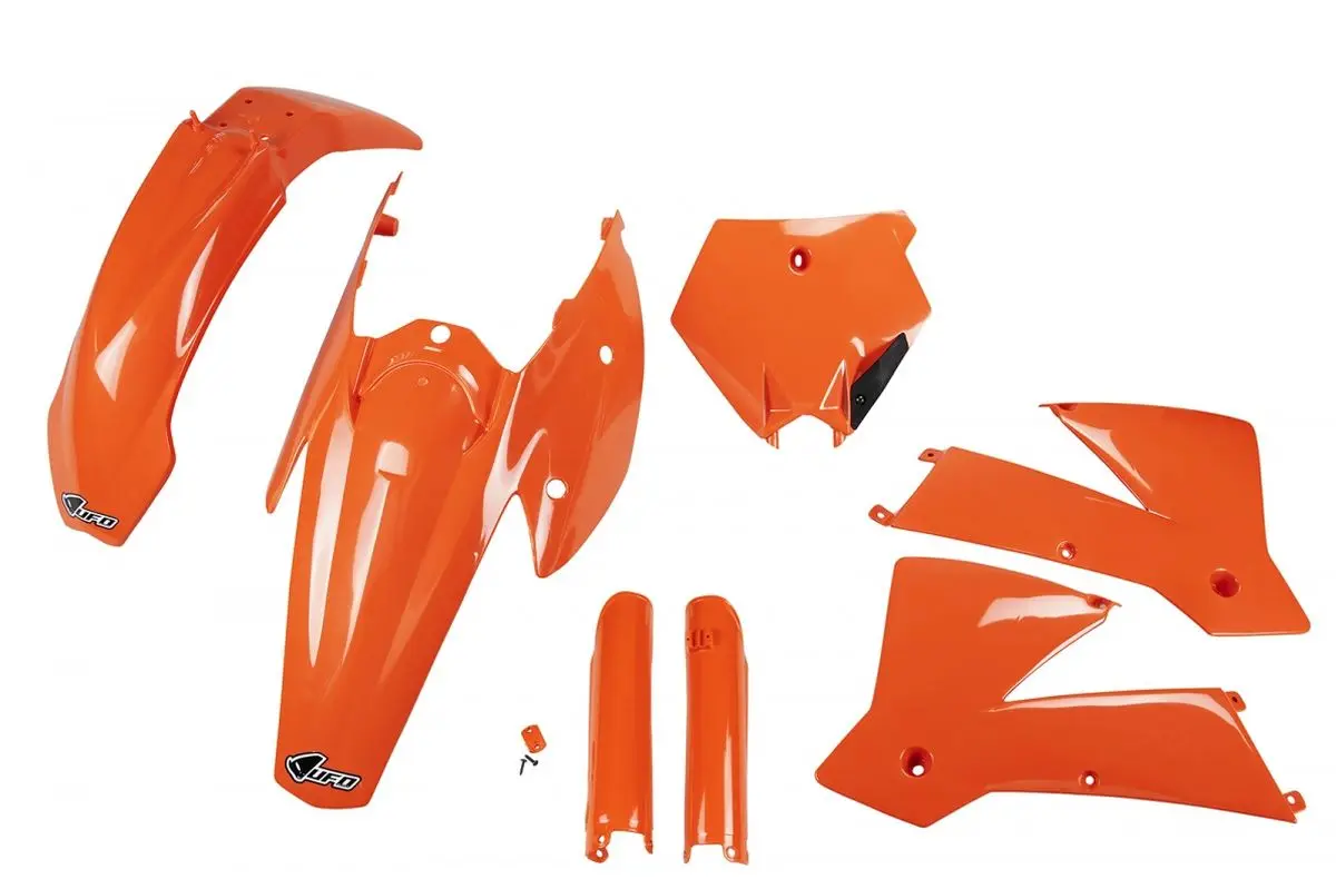 UFO kompletní sada plastů (FULL KIT) s kryty tlumičů KTM SX/EXC 03-04 barva oranžová (KT502E127) (UFO kompletní sada plastů (FULL KIT) s kryty)
