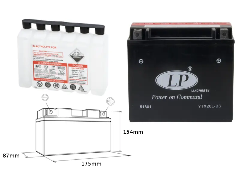LANDPORT akumulátor YTX20L-BS (MA LTX20L-BS) 12V 18AH 175X86X154 bezúdržbový - elektrolyt zvlášť (2) UE48 (LANDPORT akumulátor YTX20L-BS (MA)