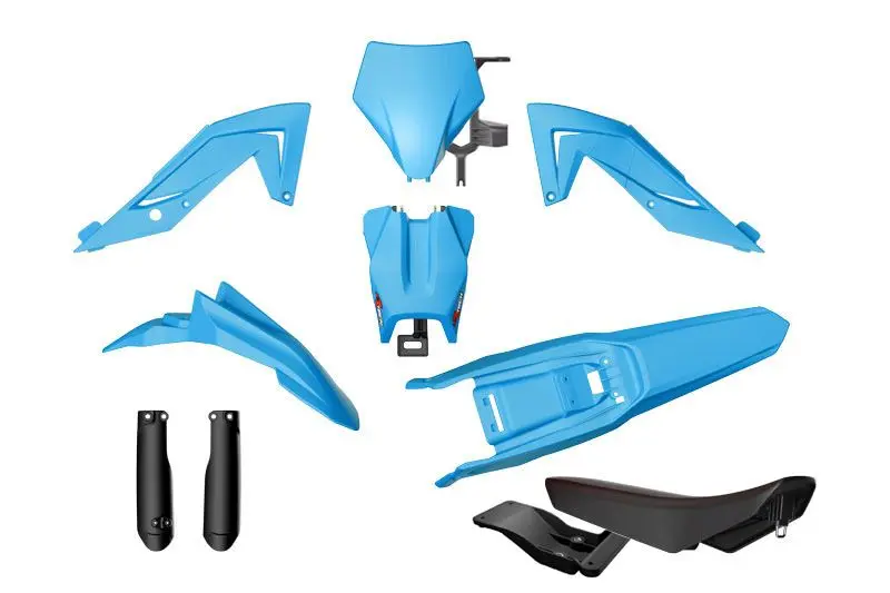 RACETECH (RTECH) kompletní sada plastů s kryty přední vidlice a sedlem TALARIA STING MX4 / MX5 / TL 4000 / 5500 23-25 barva světle modrá / černá