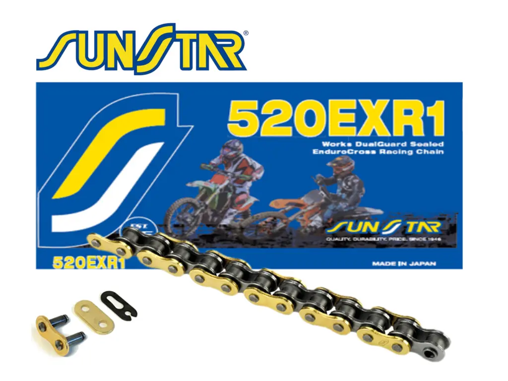 SUNSTAR hnací řetěz 520EXR1-110G ENDURO do 450 ccm (DG RING) barva zlatá (520VT2) rozpojený + spona (520EXR1110G) - MADE IN JAPAN - (SUNSTAR hnací)