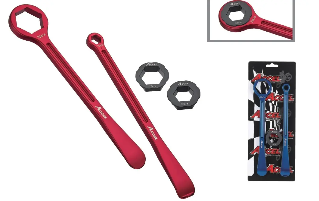 ACCEL sada montážních pák na pneumatiky (23+24cm) ALU7075 kované s klíči 10,13,22,27,32 mm barva zlatá (ACCEL sada montážních pák na pneumatiky)