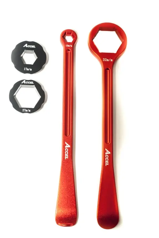ACCEL sada montážních pák na pneumatiky (23+24cm) ALU7075 kované s klíči 10,13,17,27,32 mm barva oranžová (ACCEL sada montážních pák na pneumatiky)