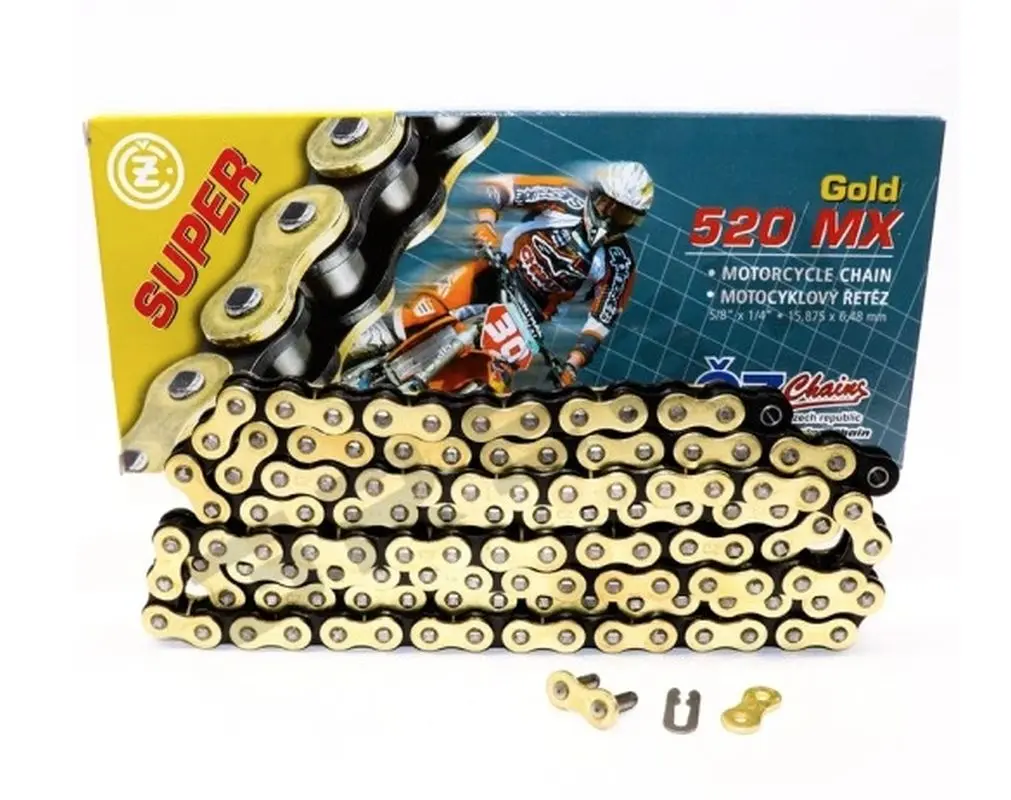CZ hnací řetěz 520 MX (114 článků) zlatý (MOTOCROSS) do 450 ccm + spona (CZ hnací řetěz 520 MX (114 článků) zlatý (MOTOCROSS) do 450 ccm + spona)