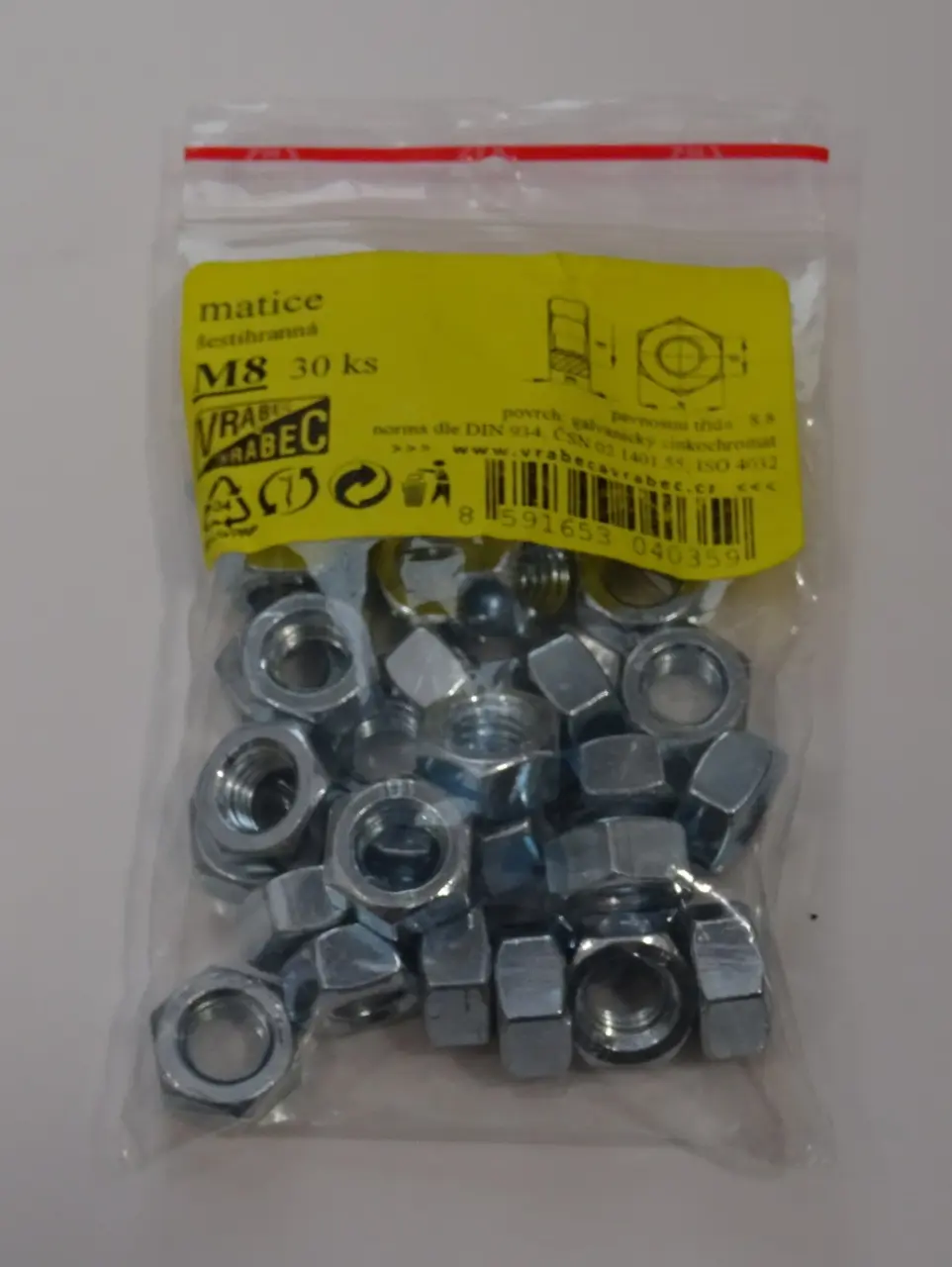 Matice 6hranné DIN 934 Zn, pozinkované, různé rozměry, Velikost: M5x0.8 mm