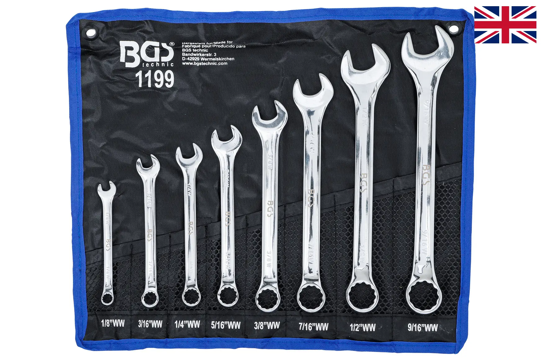 Očkoploché palcové klíče Whitworth, velikosti 1/8” až 9/16”, sada 8 ks - BGS 1199