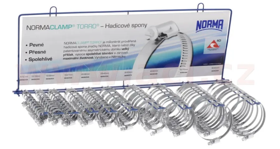 stojan osazený neperforovanými hadicovými sponami typ W1, (10x10 ks) NORMACLAMP TORRO - výroba Německo