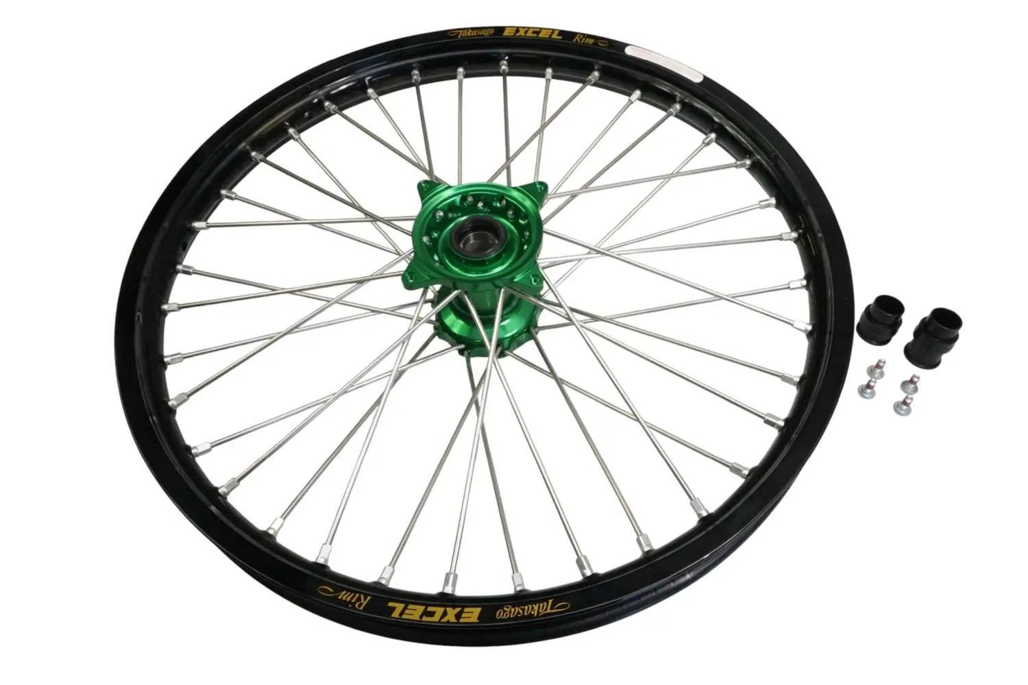 HAAN WHEELS (EXCEL) kompletní přední kolo 21" 21 x 1.60 (ráfek EXCEL) KAWASAKI KXF 450 '19-, černý ráfek / stříbrné dráty / zelený náboj / stříbrné