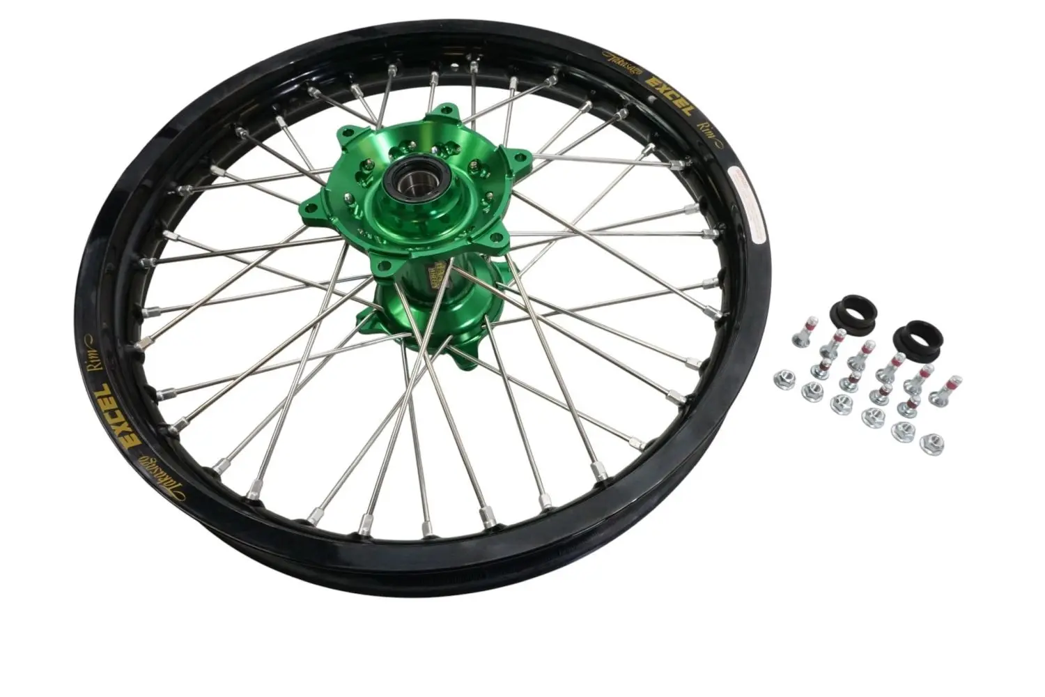HAAN WHEELS (EXCEL) kompletní přední kolo 19" 19 x 2.15 (ráfek EXCEL) KAWASAKI KXF '03-, černý ráfek / stříbrné dráty / zelený náboj / stříbrné niple