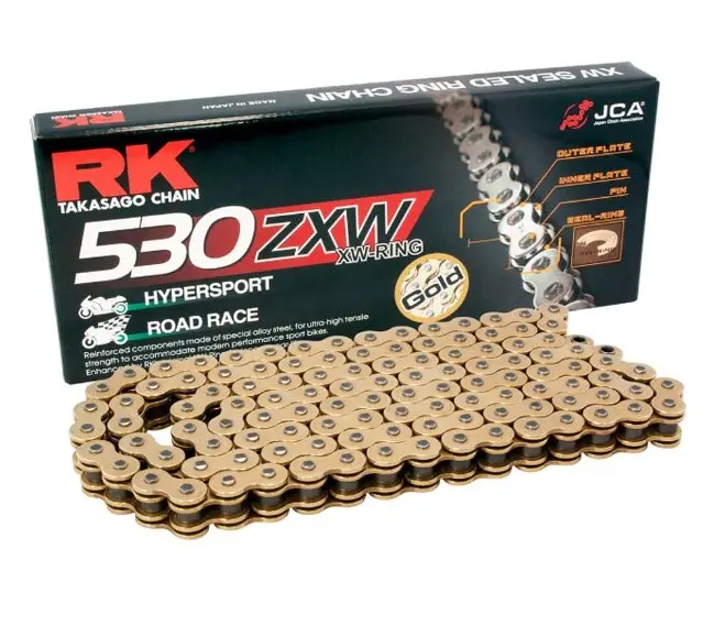 RK hnací řetěz GB530ZXW-122 (XW-RING) nýtovací spojka (CLF) v sadě barva zlatá (objem: do 1400 ccm) (RK hnací řetěz GB530ZXW-122 (XW-RING) nýtovací)