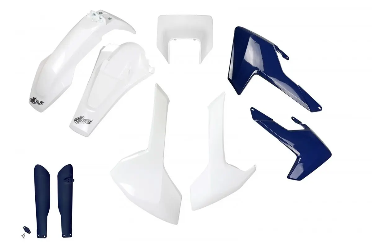 UFO kompletní sada plastů (FULL KIT) s kryty tlumičů HUSQVARNA TX/TE/FE 17-19 s krytem světla barva OEM (bílá/modrá) (HU621E999) ( )