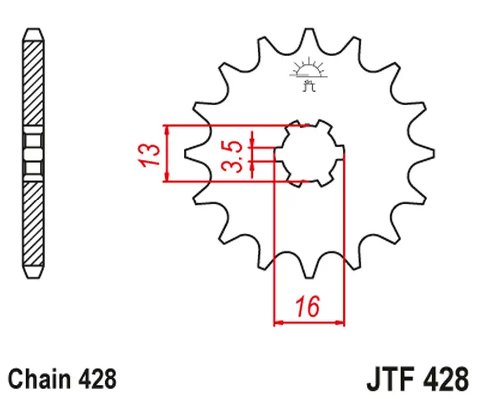 JT řetězové kolo přední 428 13 SUZUKI DR-Z 50 '19-21', DR-Z 70 '08-18', DS/JR/RM/RG/GT/TS 80 '77-03' (42813JT) (řetěz 428) ( )