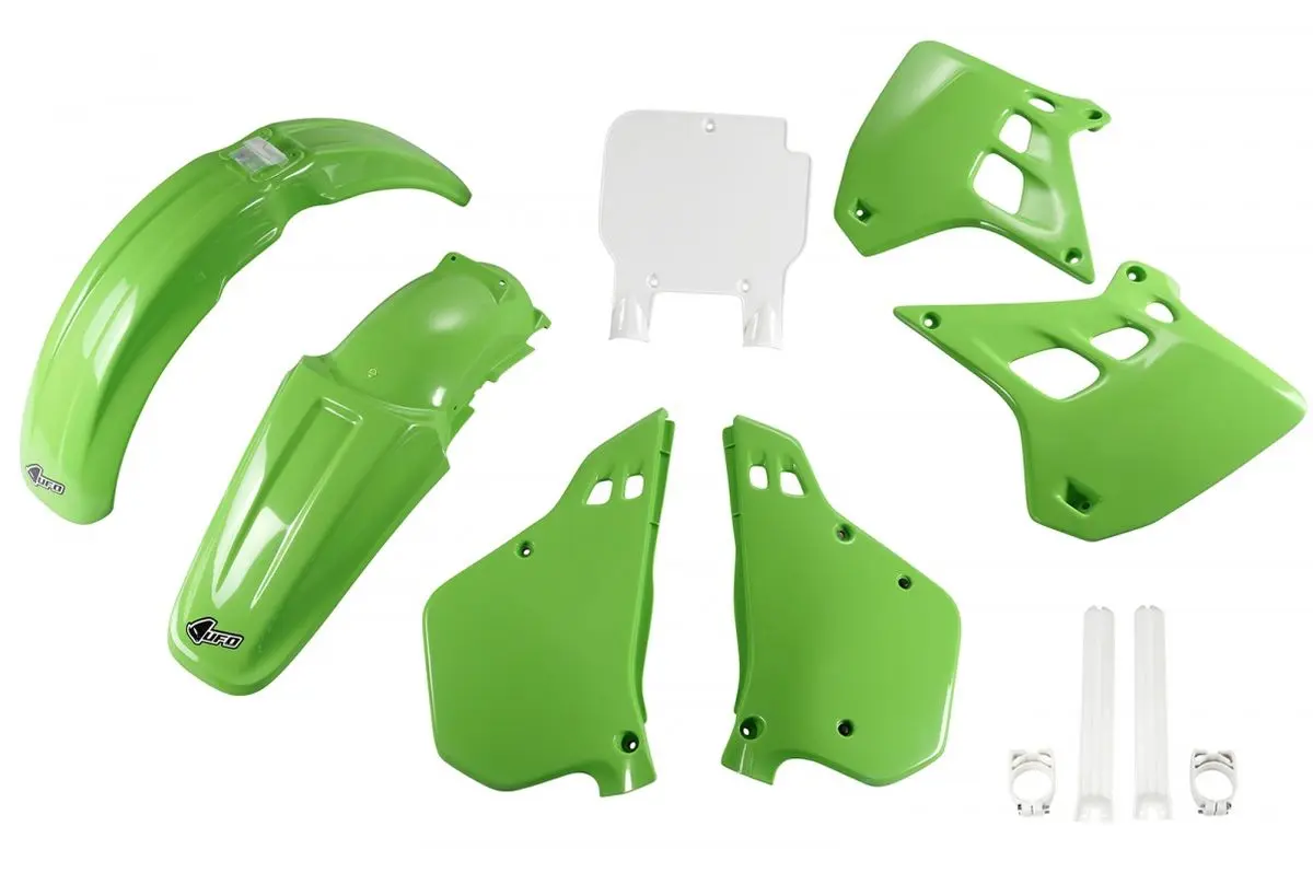 UFO kompletní sada plastů (FULL KIT) s kryty tlumičů KAWASAKI KX 250 90-91, barva OEM (zelená/bílá) (KA188E999) ( )