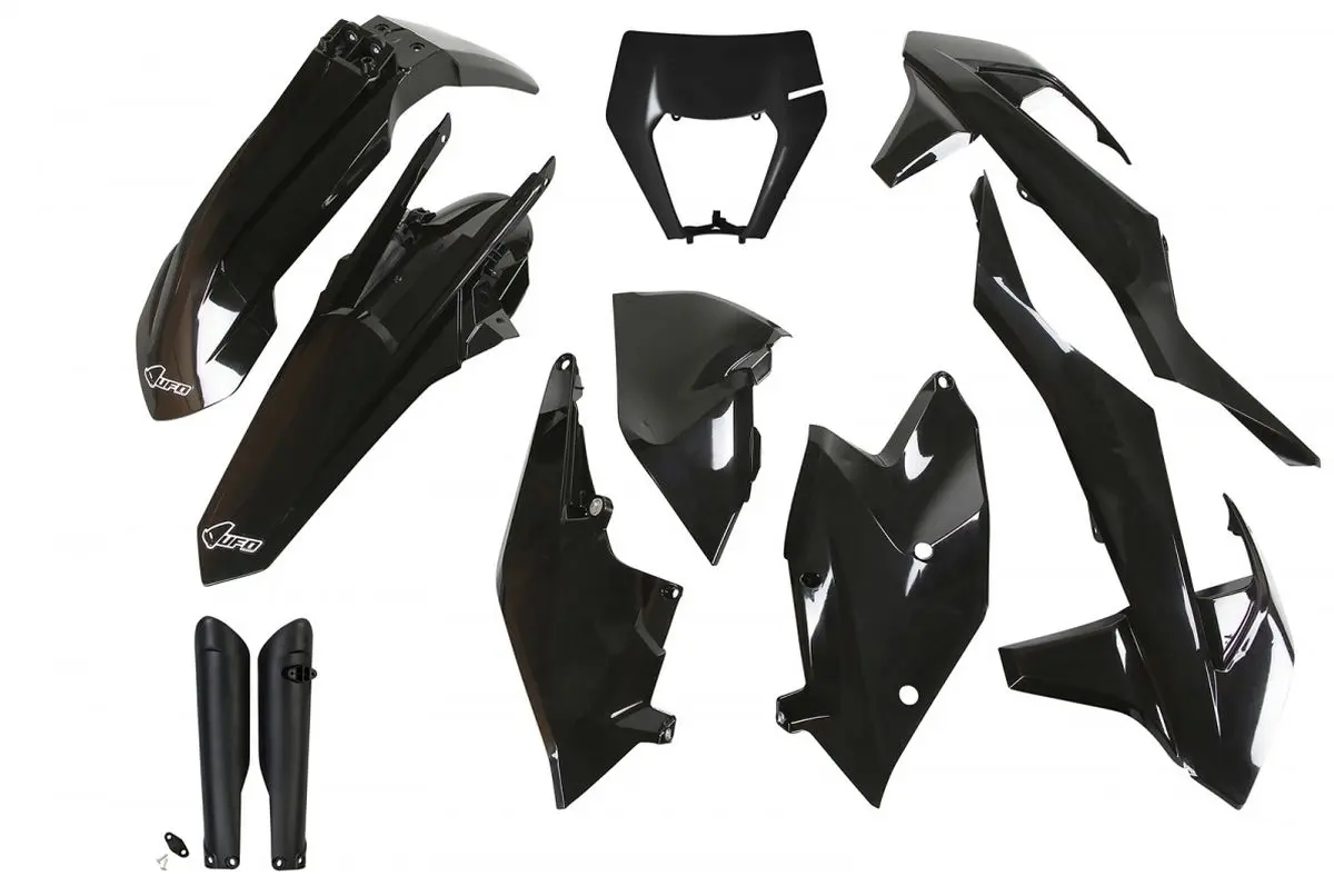 UFO kompletní sada plastů (FULL KIT) s kryty tlumičů KTM EXC/EXC-F TPI 17-19 s krytem světla barva černá (KT523E001) ( )