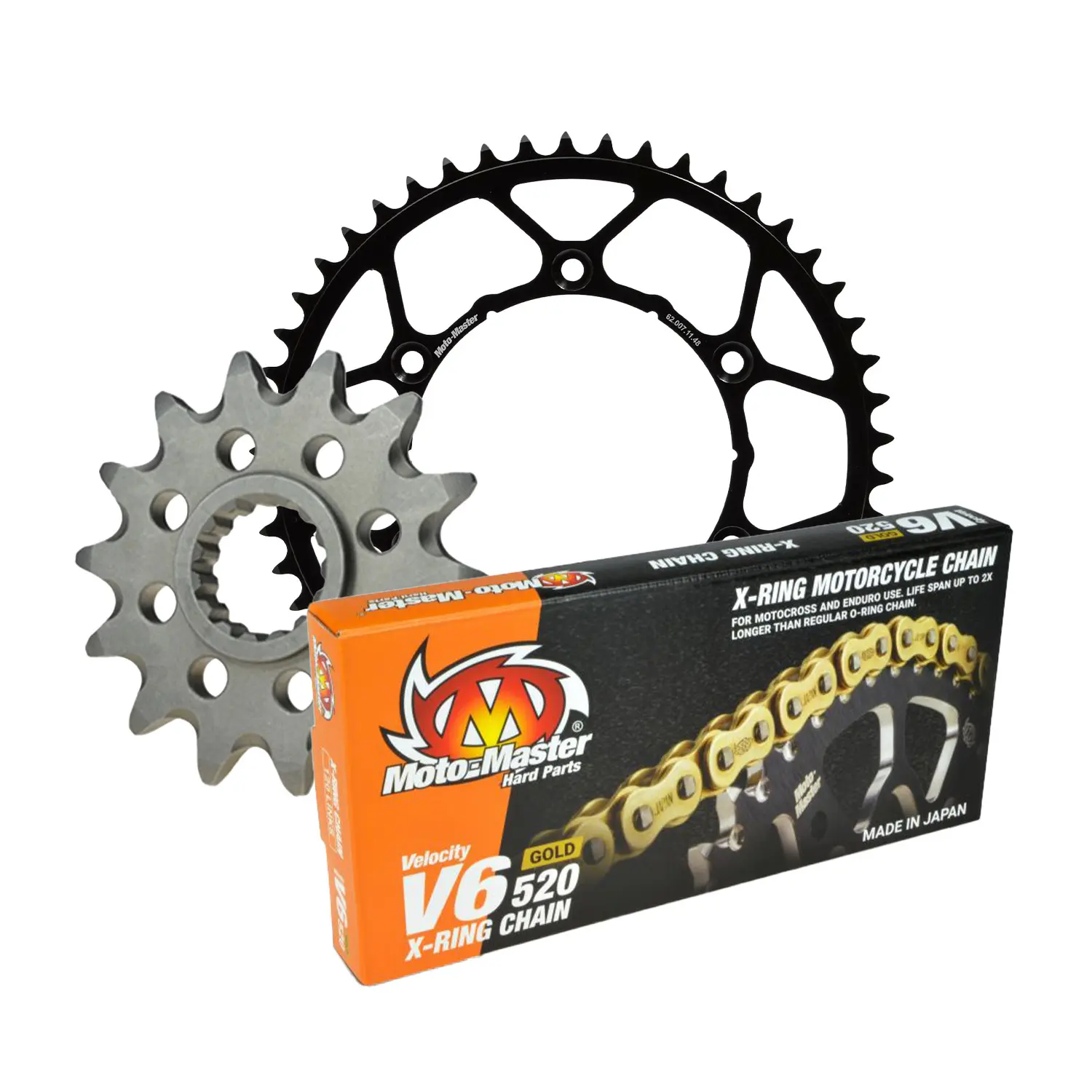 MOTO-MASTER řetězová sada kompletní KTM/HUSQVARNA/GASGAS 13/50/120 řetěz V6-520G X-RING GOLD - zlatý (vyrobeno v Japonsku)