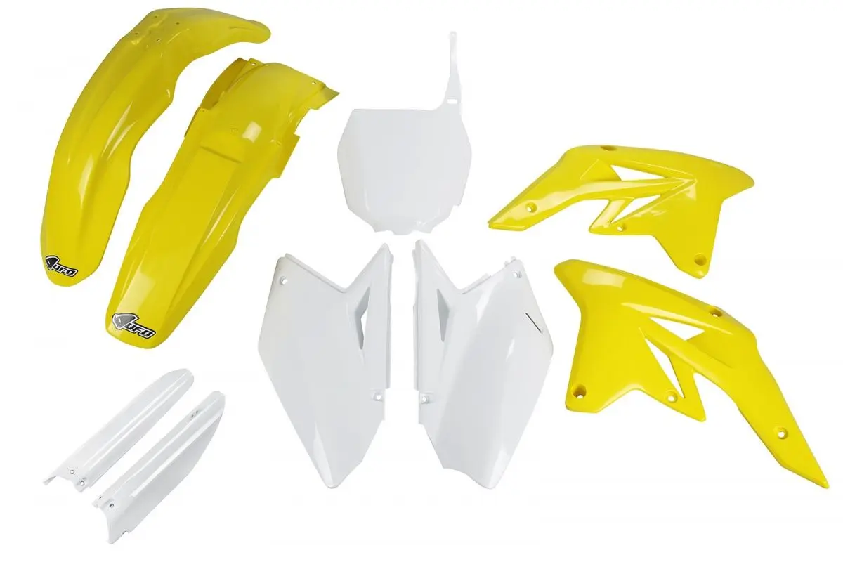 UFO kompletní sada plastů (FULL KIT) s kryty přední vidlice SUZUKI RMZ 250 07-09 barva (bílá/žlutá - s bílou tabulkou se startovním číslem)