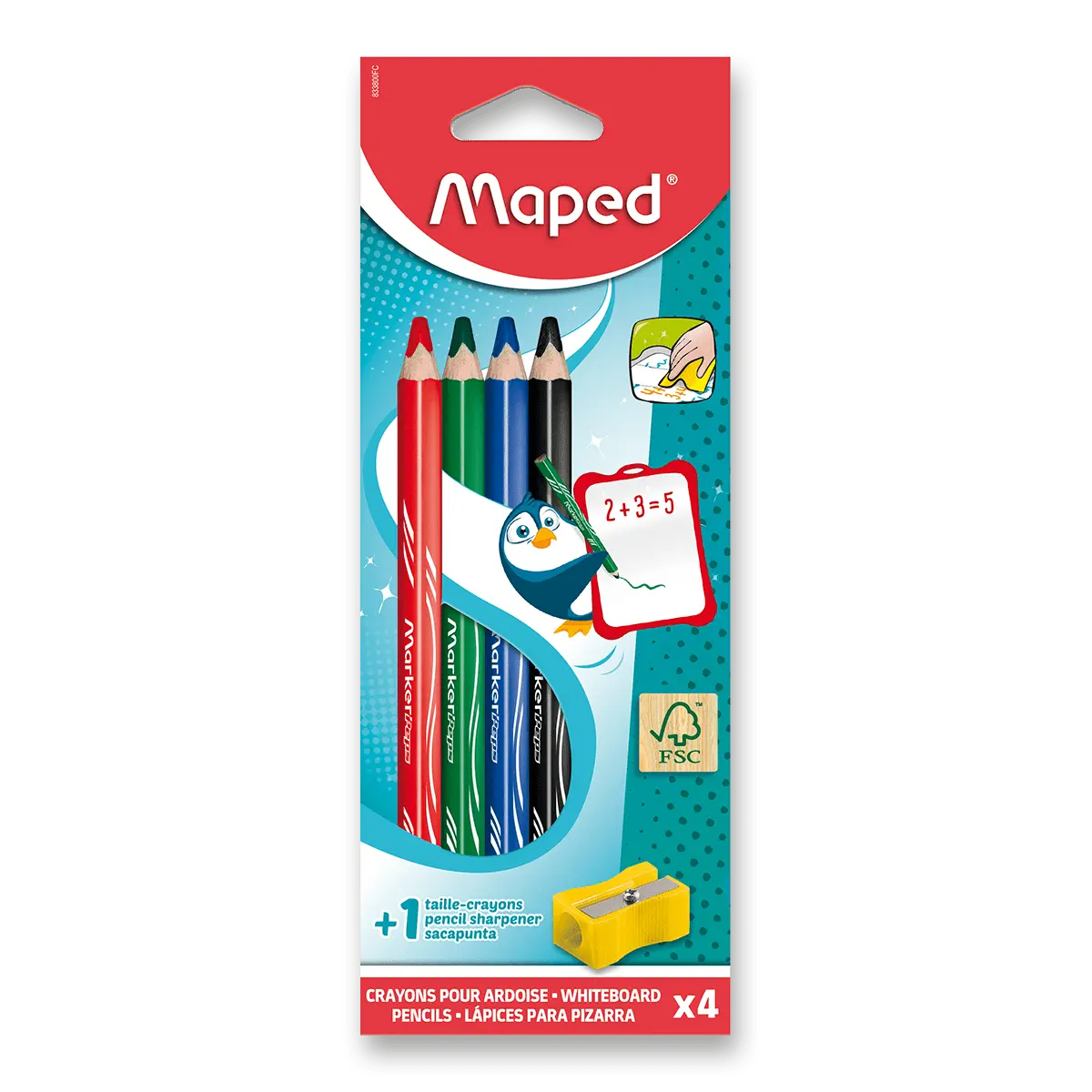 Smazatelná pastelka na bílé tabule MAPED dry-erasable - 4 barvy + ořezávátko