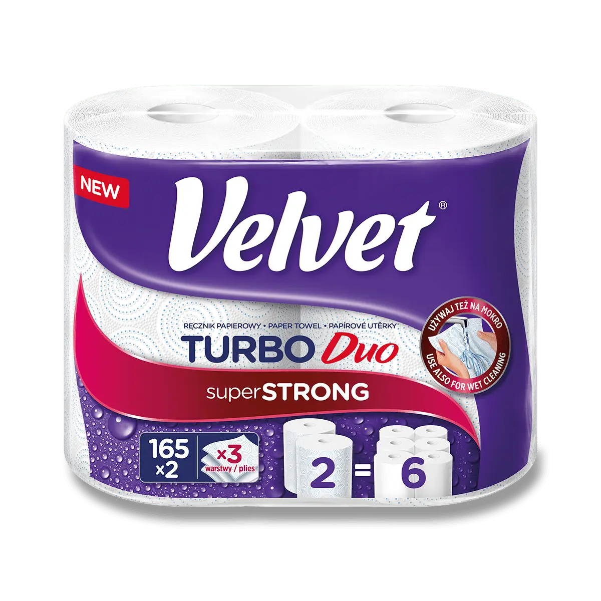 Velvet Turbo - papírové kuchyňské utěrky - 3vrstvé, 165 útržků, 2 role