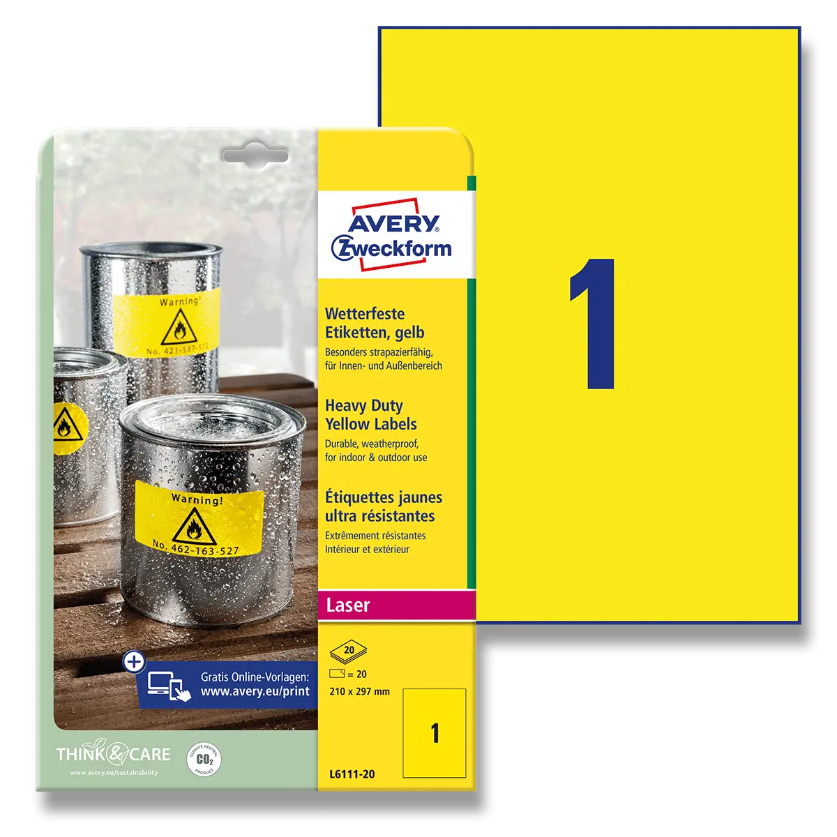 Avery Zweckform - žluté PET etikety - 210×297 mm, 20 etiket