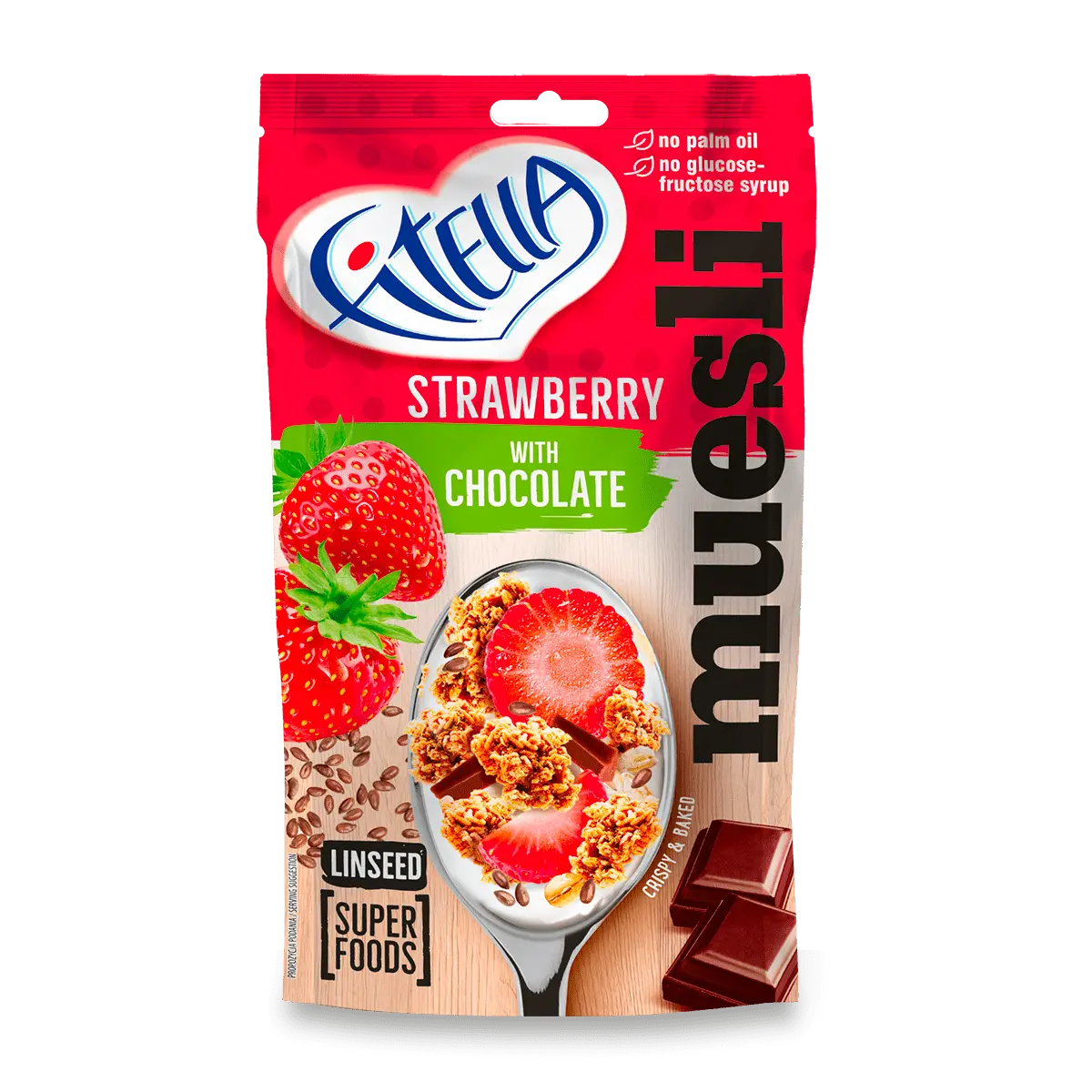 Fitella - muesli s jahodami, čokoládou a lněným semínkem, 50 g