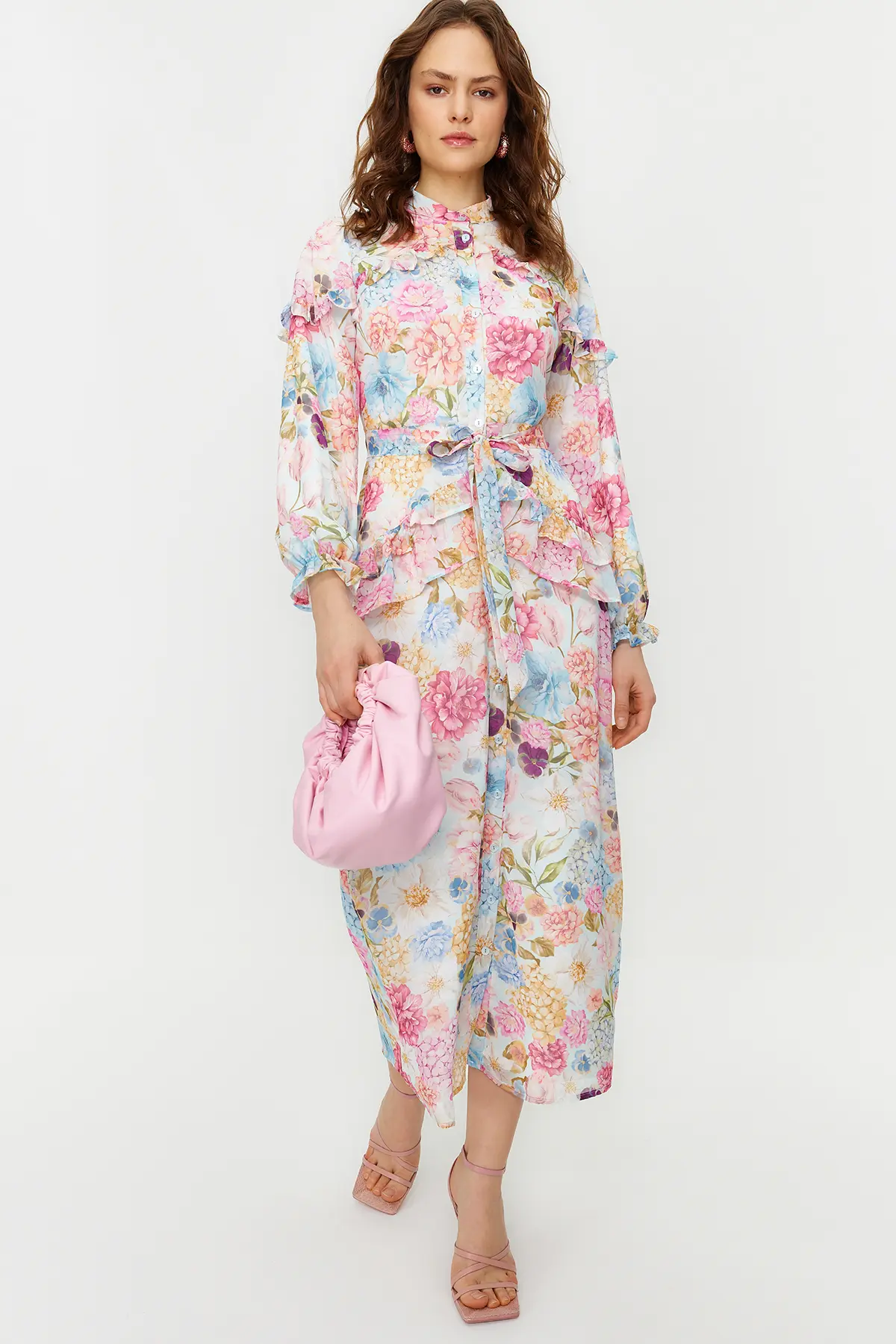 Trendyol Lilac Floral Ruffle Detail Lined Woven Chiffon Dress