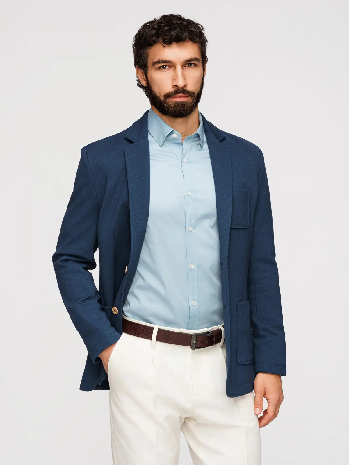 Ombre Men's SLIM knit jacket with subtle texture - dark blue