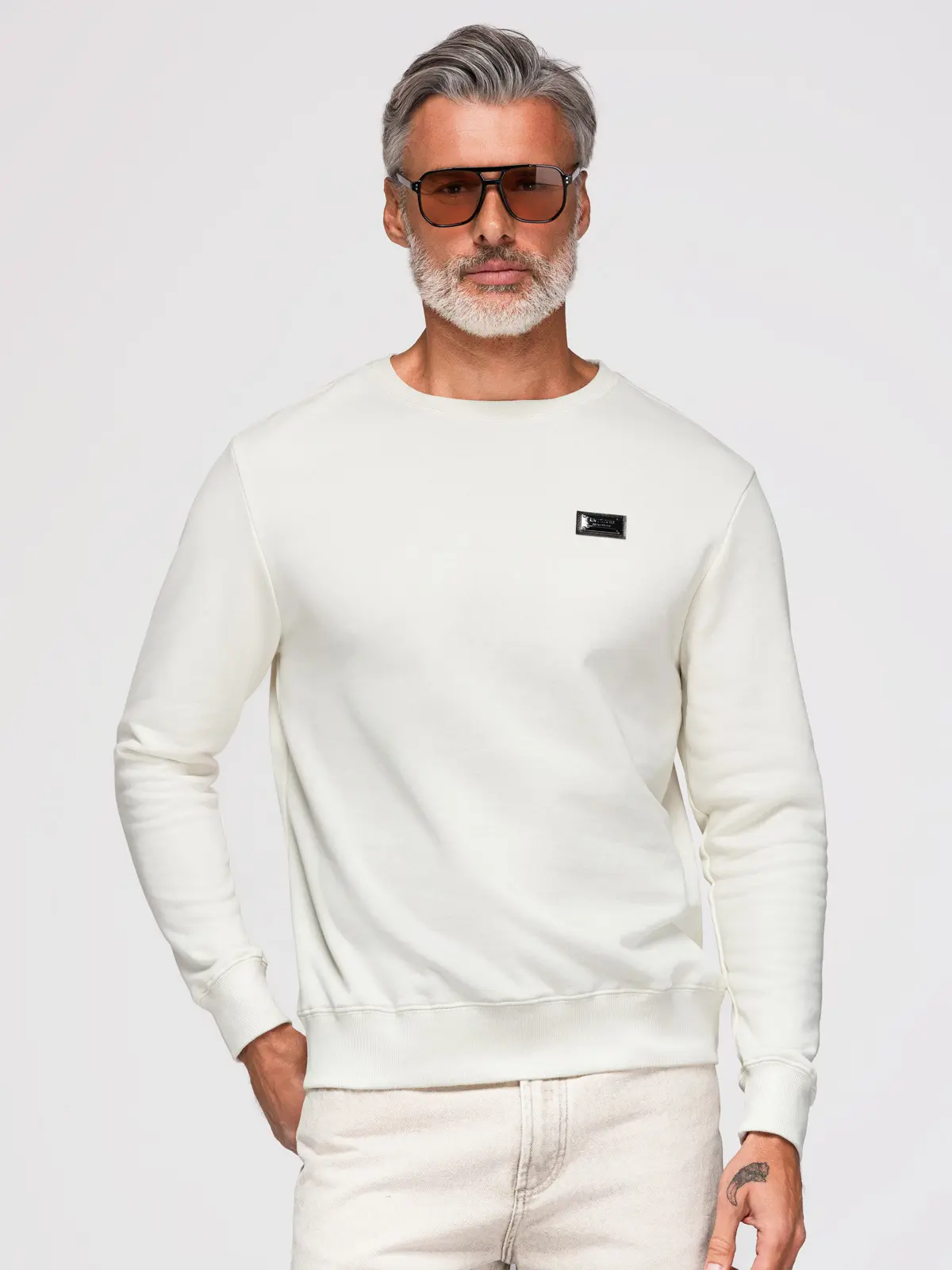 Ombre Men's non-stretch sweatshirt with metal pin - cream