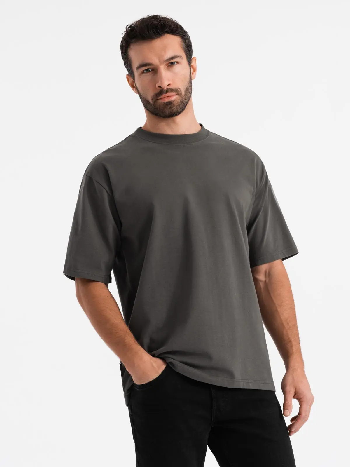 Ombre Men's LOOSE FIT cotton t-shirt with round neckline - gray-green
