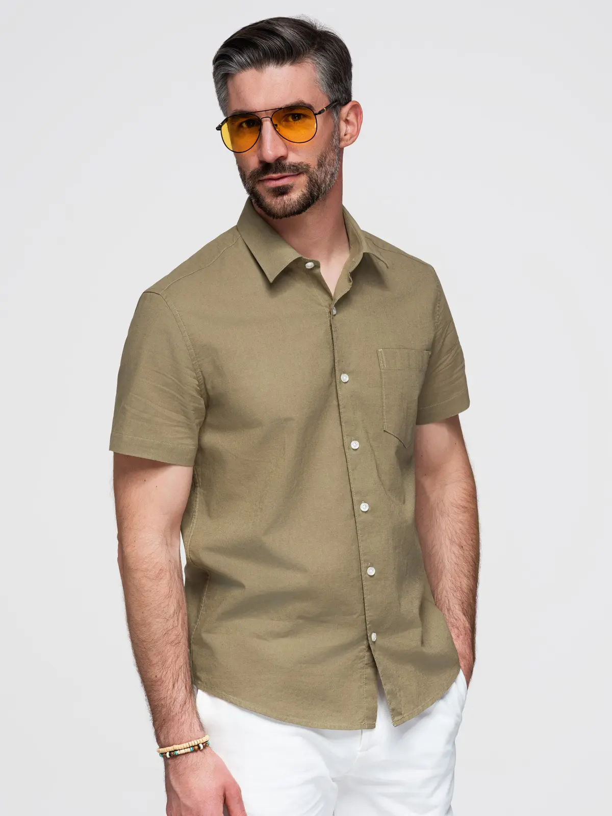 Ombre Men's short sleeve cotton and linen shirt with pocket - olive