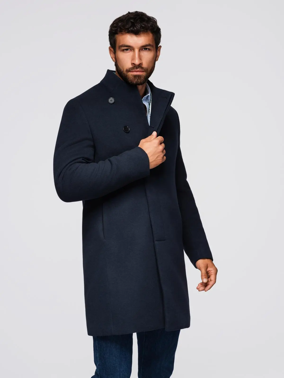 Ombre Men's coat with asymmetrical fastening and high collar - navy blue