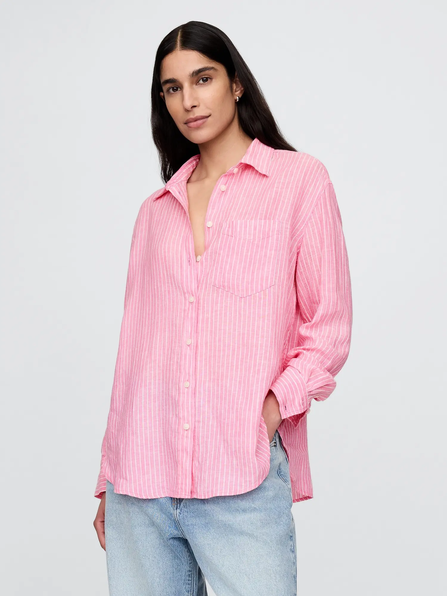 GAP Lněná oversize košile Big Shirt růžová pruh Velikost: XXL