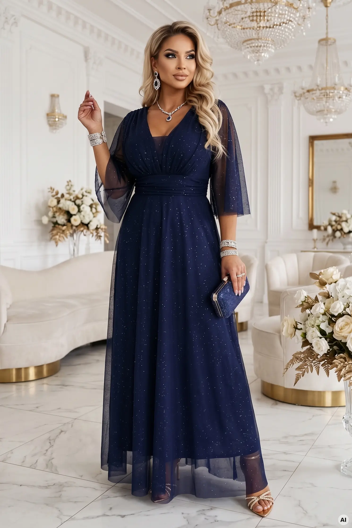 Numoco basic Numoco Dlouhé třpytivé plus size šaty s výstřihem a průhledným rukávem - 654-7 Barva: Modrá, Velikost: UNI