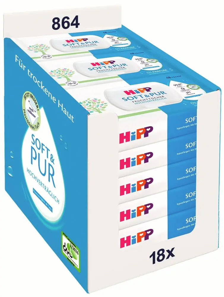 Hipp Babysanft Čistící vlhčené ubrousky Soft&Pur + VÍČKO 18x48 ks