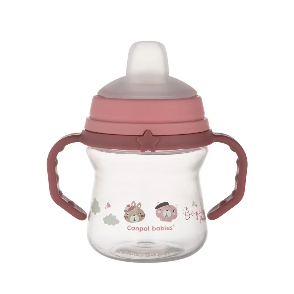 Canpol Babies Hrneček se silikonovým pítkem FirstCup BONJOUR PARIS 150ml růžový