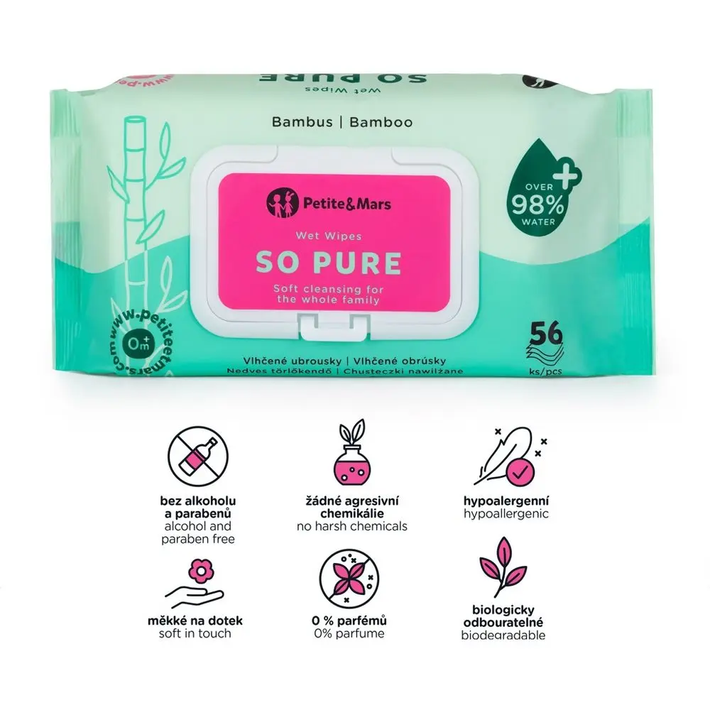 Petite&Mars Ubrousky vlhčené SO PURE bambusové bioodbouratelné - 56ks