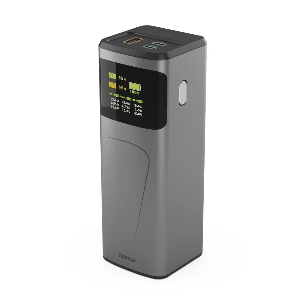 Hama High Power 65 W, powerbanka, 20000 mAh, 2x USB-C, 1x USB-A, PD, QC, displej