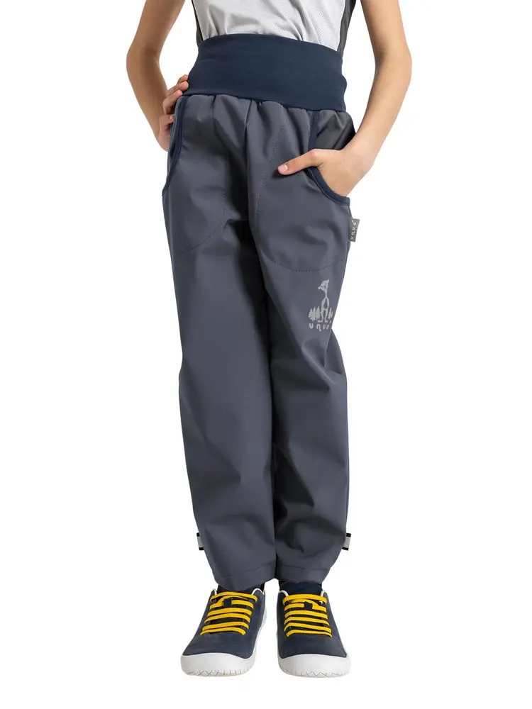 unuo softshellové kalhoty bez zateplení Antracitové + reflexní obrázek Evžen (Softshell kids trousers) -