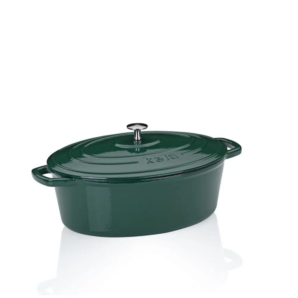 KELA Pekáč litinový s poklicí Calido oválný smaragdově zelená 33x26x12cm 6l KL-12902