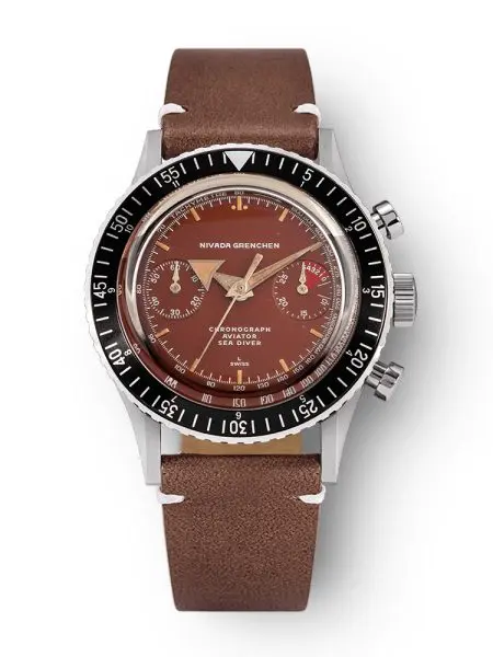 Nivada Grenchen Chronomaster Broad Arrow Tropical Dial Inter. Bezel - Manual - Brown leather