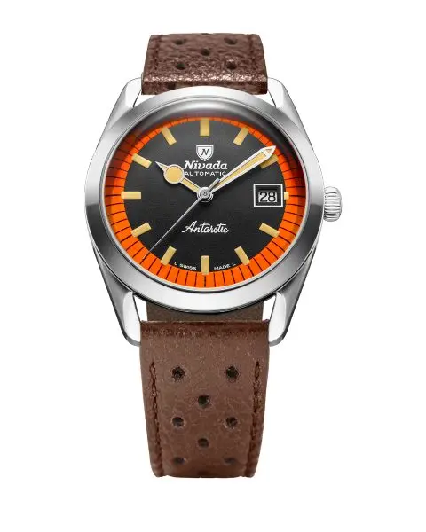 Nivada Grenchen Super Antarctic Black & Orange - 38 mm Date - Brown Racing Strap
